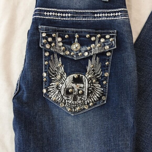 New Sky Premium Women's Western Flared Jeans Sz 7 Angel Wings Skull Y2K - Picture 4 of 12